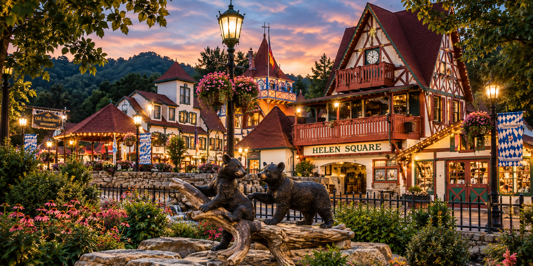 Downtown Helen, Georgia at dusk — Bavarian storefronts and flower baskets along the Chattahoochee River.